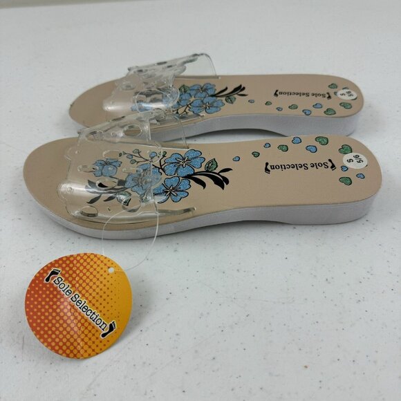 Sole Selection Women's Sandals Beige w/ Blue Glittery Flowers Small 5/6  (37) - Picture 4 of 5